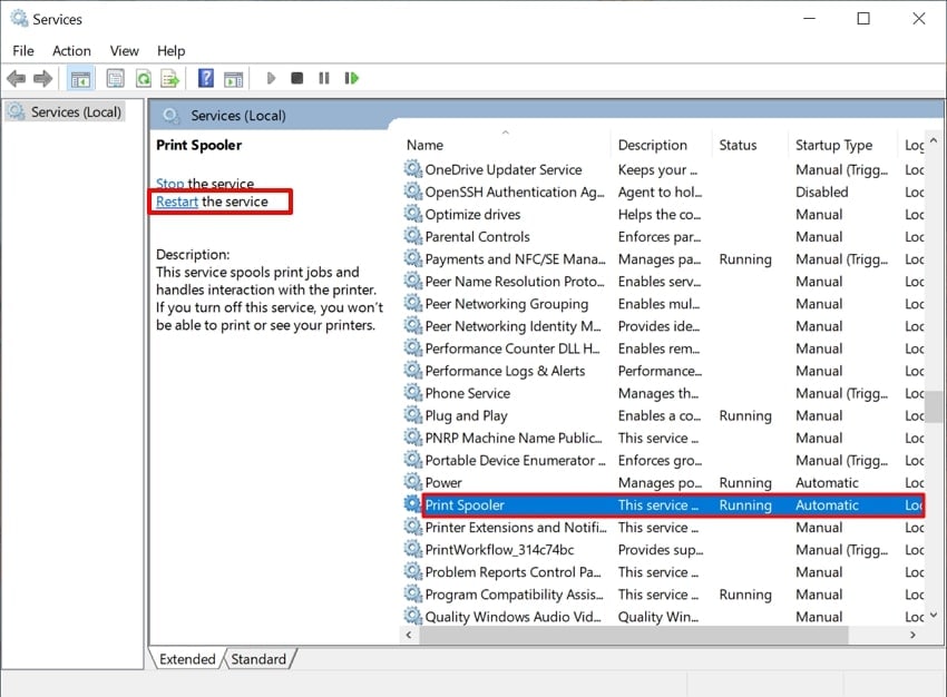 choose print spooler to restart